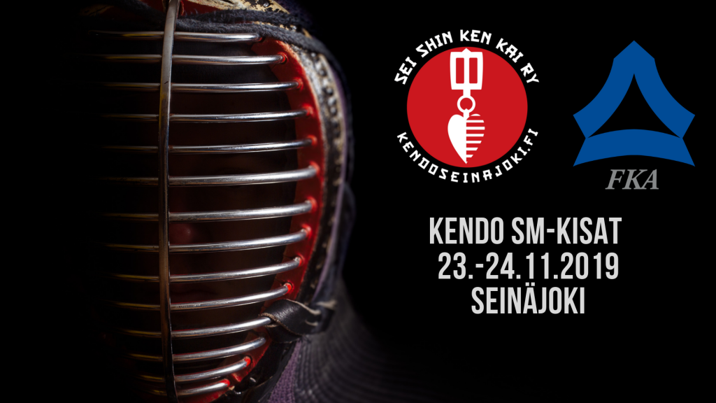 Kuvassa vasemmalla kendo kypärä, oikealla teksi Kendo SM-kisat 2019